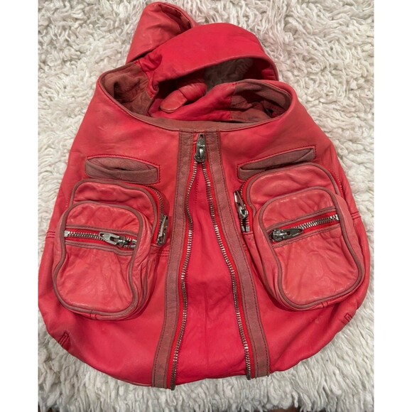 ALEXANDER WANG Donna Red/Pink Distressed Leather Hobo Crossbody Knot Zipper Bag - Picture 3 of 7